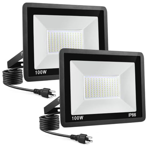 100W LED Flood Light, 2Pack Super Bight 10000LM Outside LED Work Light Plug in, 6000K Daylight White, IP66 Waterproof Outdoor Security Lights for Garage Yard Garden Patio (2) Cover