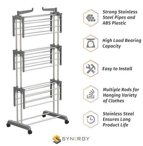 Image of Synergy - Premium Heavy Duty Stainless Steel Clothes Drying Stand | Cloth Dryer Stand | Cloth Stand for Drying Clothes Foldable | Cloth Hanging Stand | Cloth Drying Stand (3-Tier) Grey - SY-CS20