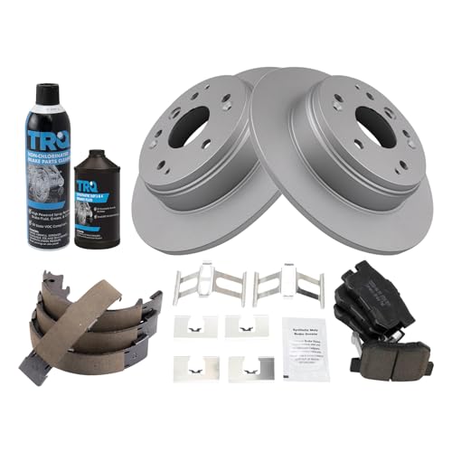 Image of TRQ Rear Brake Pad & Rotor Kit, with Chemical Kit Parking Brake Shoe Set Ceramic Premium G-Coated Compatible with 2004-2008 Acura TL 2003-2011 Honda Element
