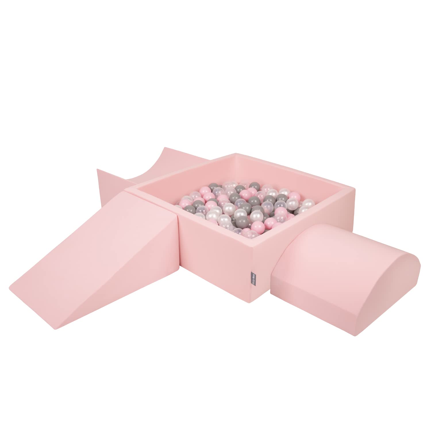 KiddyMoon Foam Playground For Kids With Square Ballpit (300 Balls ∅ 7Cm/2.75In) Soft Obstacles Course And Ball Pool, Made In The EU, Pink:Pearl/Grey/Transparent/Powder Pink