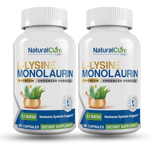 Natural Cure Labs L-Lysine with Monolaurin 600mg 1:1 Ratio, 2 Pack, 200 Capsules