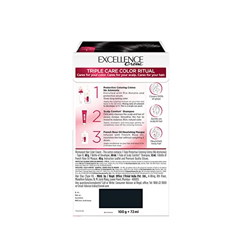 Image of L'Oreal Paris Hair Colour, Radiant At-Home Hair Colour with up to 100% Grey Coverage, Excellence Creme, 1 Black, Pack Of 2, 100g +72 ml, 25g + 25 ml