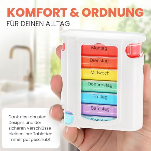 MC-Trend Tablettenbox 7 Tage – Wochendispenser mit 4 Fächern pro Tag, farbcodierte, herausnehmbare Tagesboxen, robuster Turm-Organizer aus BPA-freiem Kunststoff, kompakt 11,4 × 12,7 × 4,3 cm