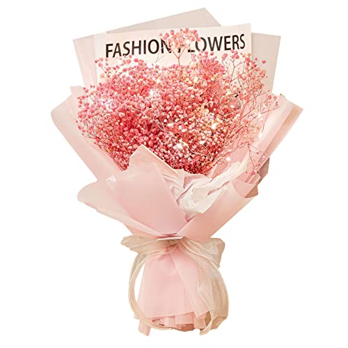 ソープフラワーブーケ 小さな花束 カスミソウ LEDライト付き シルクスカーフ付き メッセージカード付き 敬老の日 誕生日 記念日 結婚記念日 ピンク