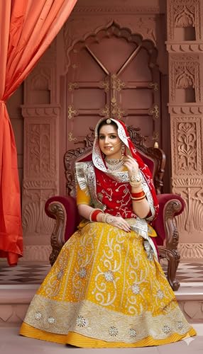 Image of Heavy Embroidery Work Semi Stitched Shimmer Silk Rajputi Poshak For Women Rajasthani Lehenga Choli
