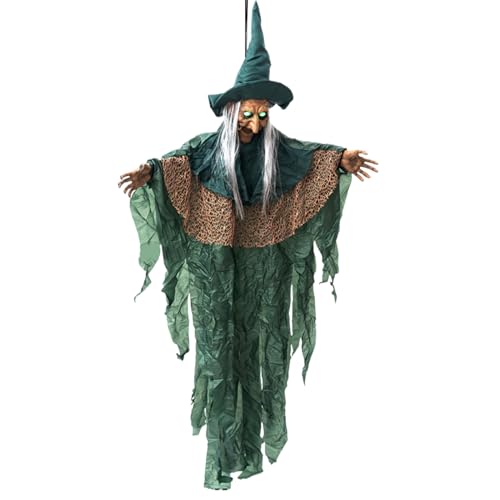 Bruja De Halloween: Bruja Hangable Y Animada Con Ojos Iluminados Sonidos Activados Accesorios Colgantes Diseño Distintivo | Ojos Verdes Brillantes, Halloween Animatronic Para Interior, Al Aire Libre,