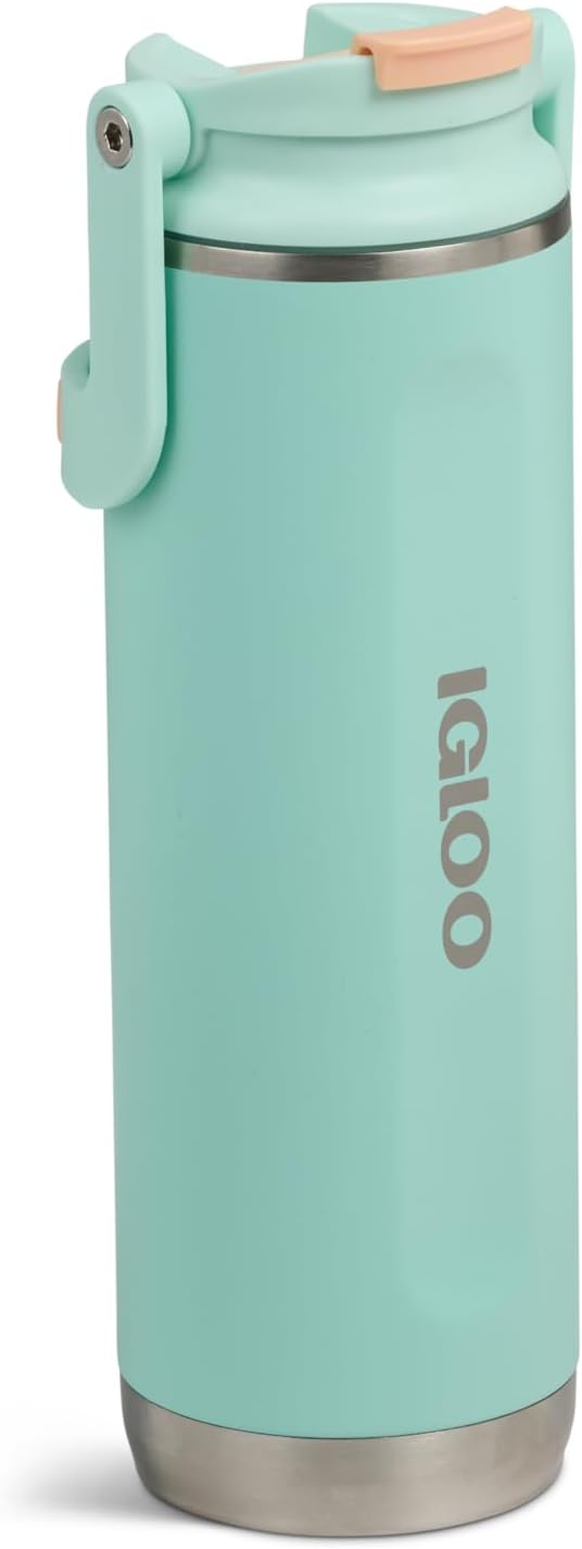 Igloo, 20 oz FlipNSip Tumbler, Reusable Travel Mug, Stainless Steel Insulated Hydration Cup for Hot & Cold Beverages,Seafoam