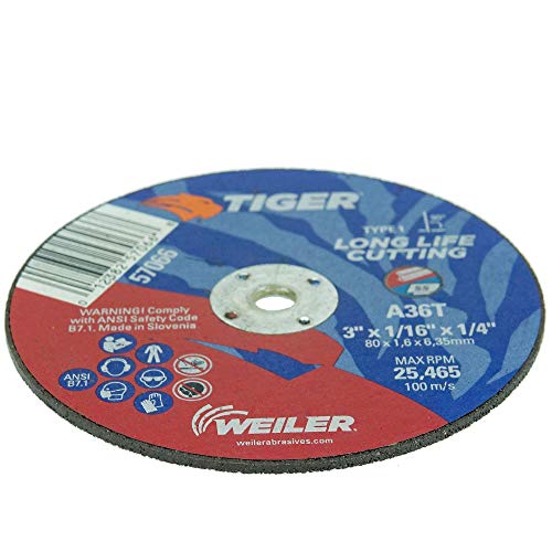 Image of Weiler 57066 3-Inch Cutting Wheel, Tiger AO Steel /Metal Long Life, Performance Cutting, 1 /16 inch A36T Type 1 1 /4 inch Arbor (Pack of 100)