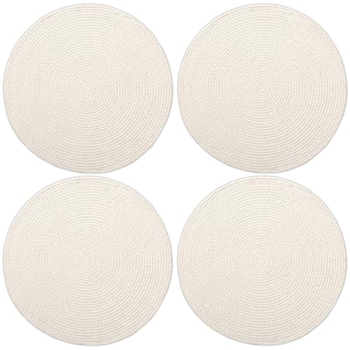 Image of Dining Table Mats Set of 4 | Cotton Table Mat 32 cm Diameter, Encasa XO Washable Round Table Mats, Heat Resistance Dining Table Placemats, Handmade Ribbed Style for Centre Table, Off White