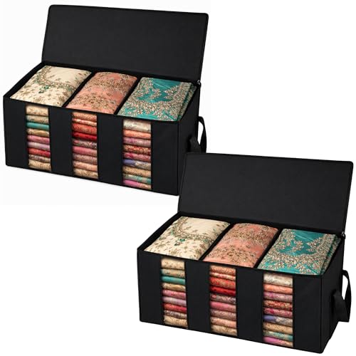 Image of Foldable Under Bed Clothes Organizer with 3 Dividers & Clear Window | Pack of 2 Storage Boxes with Handles | Underbed Clothes Storage Container for Blankets, Quilts | Black