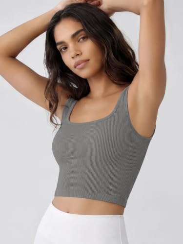 Image of ODODOS 3-Pack Seamless Square Neck Crop Tank for Women Ribbed Knit Soft Low Back Cropped Tops