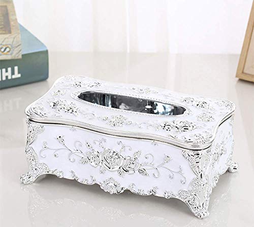 brandless Tissue Cover Holder,Creative Embossed Roses And Rhinestones Rectangular Acrylic Tissue Box Cover Dispenser Napkin Organizer for Bathroom Bedroom Office and Car (White-Silver)