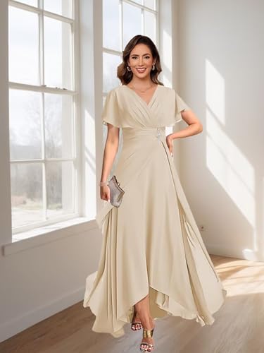 Women's Chiffon V Neck Mother of The Bride Dresses for Wedding Flutter Sleeve Pleats Formal Evening Dress GA1202