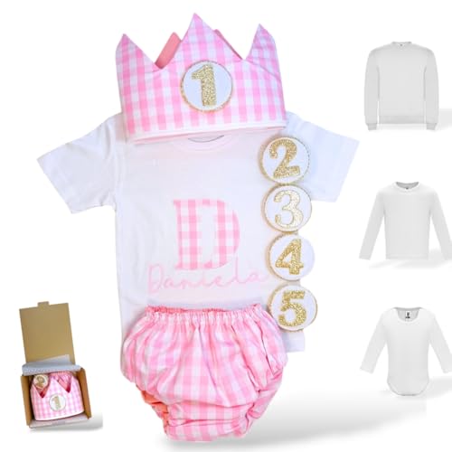 Conjunto Cumpleaños 1 año Personalizado - Camiseta con nombre Bebé - Regalo primer cumpleaños - Smash Cake - Corona cumpleaños (Vichy Rosa) (Rosa)