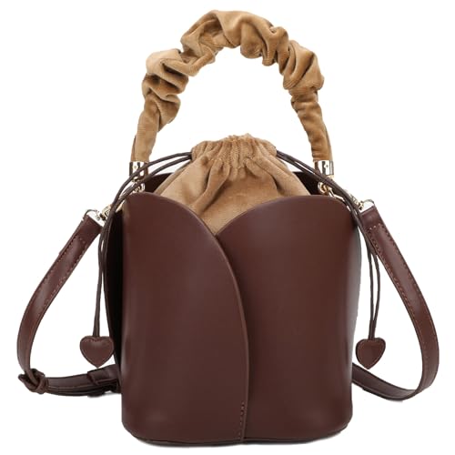 Vintage Women's Fashion Bucket Bag, Top Handle Handbag, PU Leather Drawstring Shoulder Crossbody Bag, Daily Commuter Bag