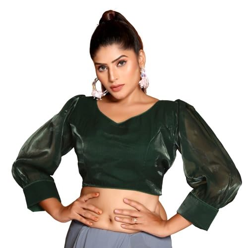 SCUBE DESIGNS Women's Sweetheart Neck Readymade Long Balloon Sleeve Jimmi Choo Organza Saree Blouse