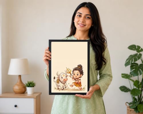 Image of Baby Shiva (Bal Shiv) Photo Frame for Wall Decor | Cute Lord Shiva with Nandi Religious Wall Art | Spiritual Home Temple Decoration | Black Frame | A4 Size