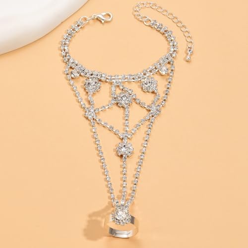 Chargances Elegant Rhinestone Finger Ring Bracelet Silver Shining Crystal Flower Hand Chain Bracelet Wedding Slave Hand Jewerly for Women Bridal (Style 3)3