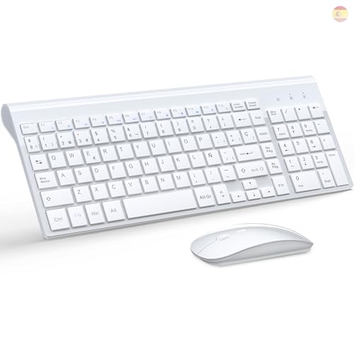 TopMate Pack Teclado y Mouse Inalámbricos Ultra Delgado, 2.4G USB Compacto Silencioso Kit 2400DPI Ratón y Teclado Español con Cubierta, Baterías 2AA y 2 AAA, para PC/Portatil/Windows/Mac - Blanco