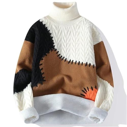 Men’S Fleece Knitted Turtleneck Pullover Sweater Warm Patchwork Loose Casual Streetwear Long Sleeve Jumper Top2