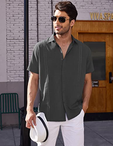 Coofandy Mens Short Sleeve Shirts Button Down Tops Beach Spread Collar Plain Summer Blouses~ Deep Grey #TOP2