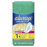 Always Ultra Thin Pads Size 1 Regular Absorbency Scented with Wings, 32 Count (Pack of 2), Packaging may vary