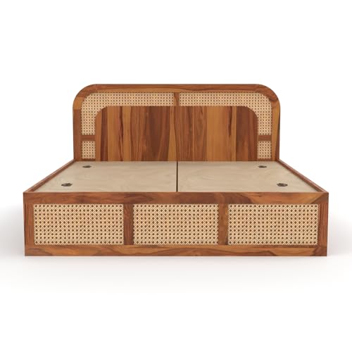Image of Sheesham Wood Cane Bed with Drawer Storage for Bedroom | Queen Size Wooden Double Bed Palang with Curved Rattan Headboard & Footboard (Honey Finish)
