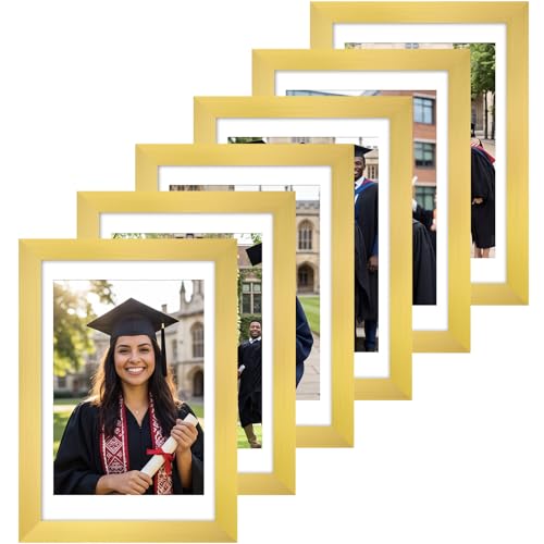 Fixwal 4x6 Picture Frame Set of 6 with Shatter Resistant Plastic Glass Thin Border and Light Weight Photo Frames for Wall or Tabletop Display Gold