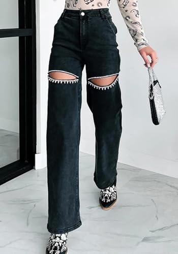 Unybwonn Women High Waist Baggy Ripped Jeans Rhinestone Trim Bling Denim Pants Y2k Straight Wide Leg Pants Streetwear3