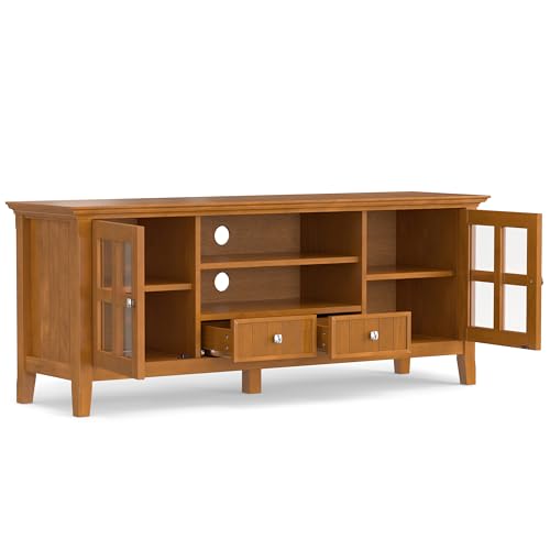 SIMPLIHOME Acadian TV Stand - 60 inch Wide Solid Wood Media Console in Light Golden Brown, Transitional Entertainment Center for Living Room for TVs up to 65 Inches with Glass Cabinets and Shelves - Image 5