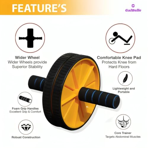 Image of Abs Roller Wheel with Anti-Slip Grip & Soft Knee Mat | Home Workout Equipment for tummy Trimming | Dual Wheel Ab Roller for Core strengthening, Belly Fat Burn & Fitness Training (Yellow)