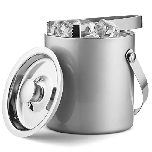 Mitbak Doubled Walled Ice Bucket with Matching Ice Tongs | Sleek Insulated Stainless Steel Ice Holder Will Keep Ice Cubes Frozen for Hours | Elegant Kitchen and Bar Accessories | 1.5L (Silver)