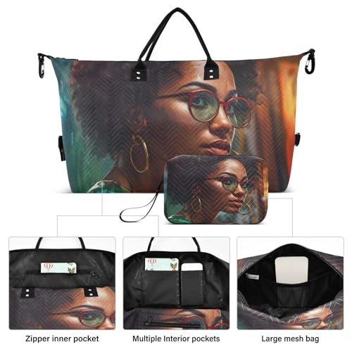 Large Travel Duffel Bag, Afro American Woman Sports Tote Gym Bag, Shoulder Weekender Overnight Bag for Women Men, Carry On Luggage with Toiletry Bag2