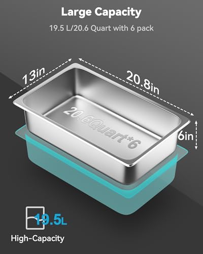 Image of 6 Pack Hotel Pans Full Size 6 inch Deep Stainless Steel Steam Table Pan | 22 Gauge Anti Jam Commercial Food Pans for Hotel, Party, Buffet, Catering Supplies