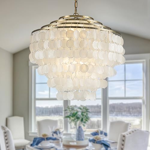ALOADECOR W 22in 6-Light Farmhouse Coastal Capiz Seahells Chandelier 4-Tier Vintage Natural White Seashell Hanging Light in Antique Gold for Dining Room Living Room