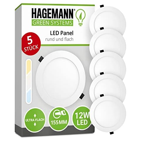 HAGEMANN 5 x LED Panel Deckenleuchte rund 12 Watt 1080lm IP20 - 155mm Bohrloch 230V Einbaustrahler - LED Einbaupanel ersetzt 100 W Halogen Cover