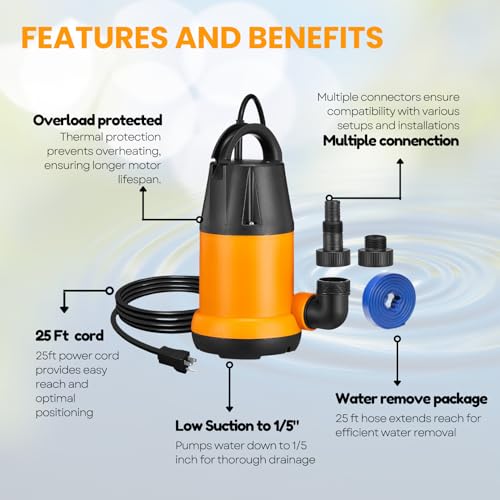 Image of Sump Pump Submersible With 25Ft. Hose, Submersible Pump, 25Ft Cord, 4000GPH