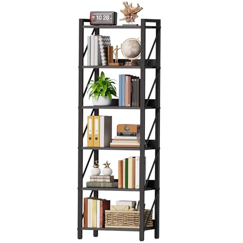 Image of HOOBRO Bookshelf, 6-Tier Industrial Bookcase, Book Shelf Storage Organizer, Tall Bookshelf with Metal Frame for Living Room, Bedroom, Home Office, Kitchen, Black BB72SJ01