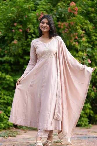 Image of MOKOSH Women's Silk Embroidery Anakrali Kurta Pant with Dupatta | Anarkali Kurta Set | Round Neck Full Sleeve Ethnic Suit | Floral Kurta 7 Colour Option Available | 3 Piece Outfit