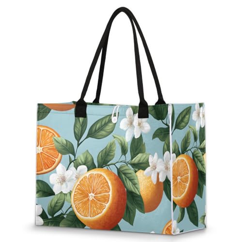 Orange White Flower Tote Bag for Women Large Beach Bag Reusable Tote Bags for Work Travel Beach Shopping