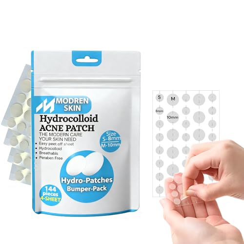 MODREN SKIN 144 Pcs Pimple patches 4 Sheets Hydrocolloid pimple patch with easy peel off cut lines in a resealable zipper bag Acne Patch dots (Small 8mm Medium 10mm)