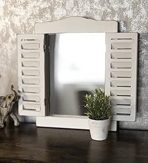 HomeZone Shabby Chic Wooden Shutter Window Wall Mirrors - Distressed Antique Painted Finish Decorative Rectangular Shape Home Decor Beautiful Rustic French Venetian Style Vintage Mirror - White