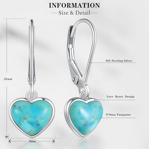 Heart Natural Turquoise Earrings for Women - Top AAA Grade, Hypoallergenic 925 Silver Leverback Dangle Earrings, Trendy Jewelry Gifts for Her4