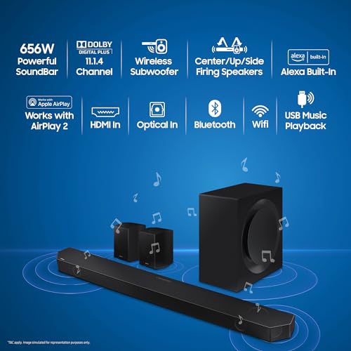 Image of Samsung 656 W 11.1.4ch (HW-Q990C /XL) Q-Symphony Soundbar Wireless Subwoofer, Top /Centre /Side Firing Speakers, Wide Range Tweeter, Wireless Rear Speaker, Dolby Atmos, Built-in Alexa, AirPlay2, Wi-Fi