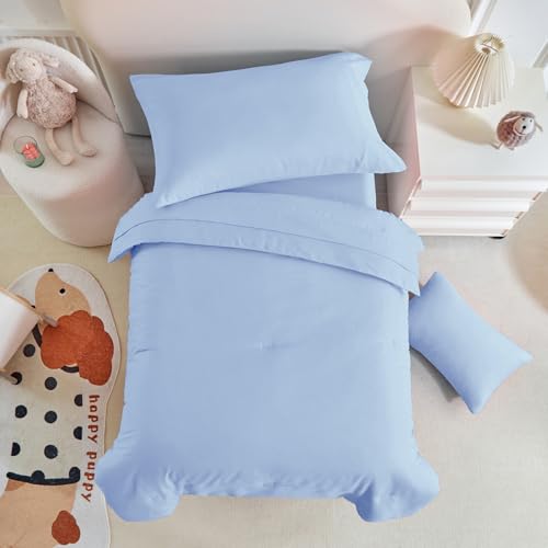 Image of Kids Comforter Sheet Set - Soft and Breathable Bed Set Includes Quilted Comforter, Fitted Sheet, Flat Top Sheet, Pillowcase and Toddler Pillowcase for Toddler - 5 Pieces Toddler Bedding Light Blue