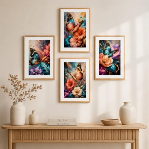 Image of Livin'luxe Set of 4 Butterfly Floral Wall Paintings with Sparkle Laminate and Premium Wooden Synthetic Frame for Living Room Bedroom Office Decor (13.5 x 19.5 Inch)