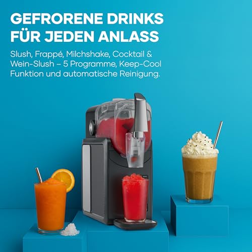 Severin S-Slush, Slush Maschine für zu Hause, 5 Programme, Eis-Cocktails, Frappé, Milchshakes, ohne Eis, automatische Reinigung, 15 min Technologie, 2 L, schwarz, silber, Edelstahl, EZ 9520