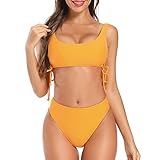 Dixperfect Damen Bikini-Set mit Schnürung an den Seiten, Crop Top, zweiteilig, hohe Beine, freche Unterhose, Badeanzug - Gelb - X-Large