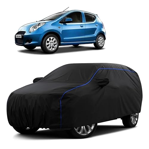 Image of Sulfar 100% Water Resistant Car Body Cover Compatible with Mirror for Maruti Suzuki A-Star (Triple Stitched, Full Bottom Elastic, Black Tafetta with Blue Piping)