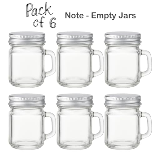 Image of STORE 2508 Mini Glass Mason Jars with Handles, 40ml, Pack of 6 | Six 40 ml glass jars include handles and metal lids for espresso shots, wellness shots, spices, crafts and party favours.